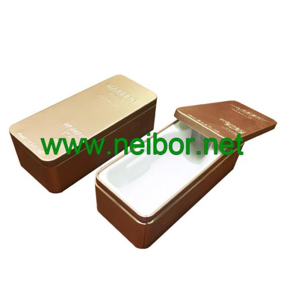 Accept Custom Order Rectangular Shape Metal perfume Gift can Women Fragrance Tin Box with flocked tray embossing Logo