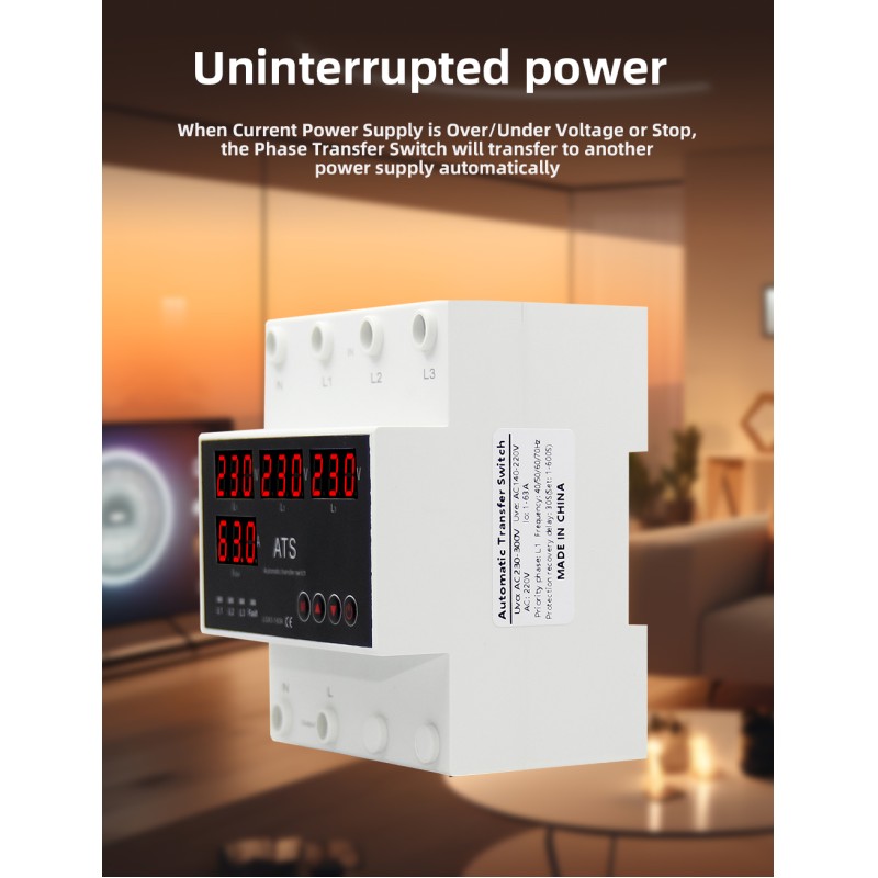 Automatic Transfer Switch (ATS) PC 63A/100A Three Phase Uninterrupted Power Stabilizer Voltage Protector Phase Selector