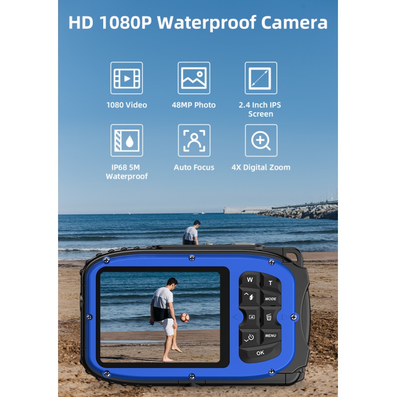 Retro HD 1080P Waterproof Camera 2.4 Inch Screen IP68 5M Waterproof Auto Focus 4X Digital Zoom Underwater Camera for Diving