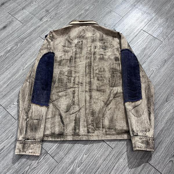 Custom Retro Patchwork Pocket Streetwear Denim Jacket Wash Vintage Distressed Button Up Cargo Jacket For Men