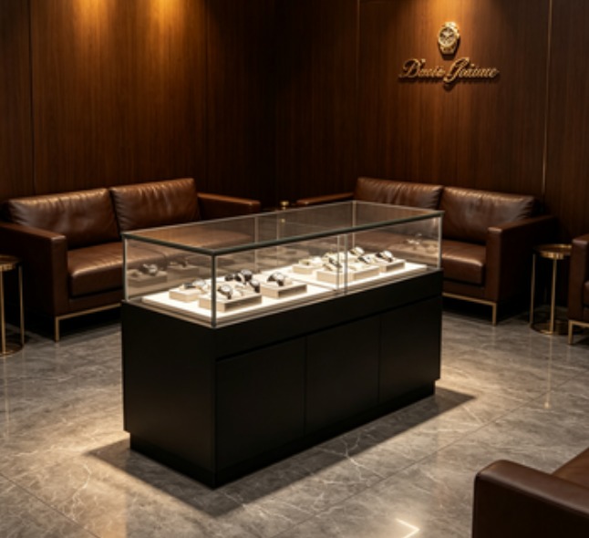 Luxury Black Jewelry Display Cabinet with LED Lighting and Tempered Glass Counter Customizable for Retail Shops