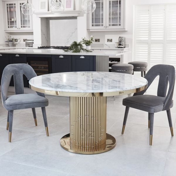 Modern Gold Stainless Steel Dining Table with Circular Pedestal Marble Home Villa Hotel Wedding Stylish Contemporary Furniture