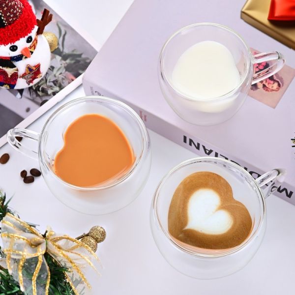 Clear Heart Shape Double Insulated Glass Mugs High Borosilicate Glass Coffee Mug