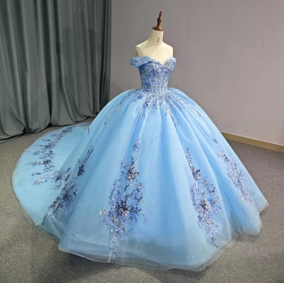 Glitter Off-the-shoulder V-neck Appliqued Lace Beaded Chapel Train Ball Gown Long Blue Tulle Quinceanera Dress 