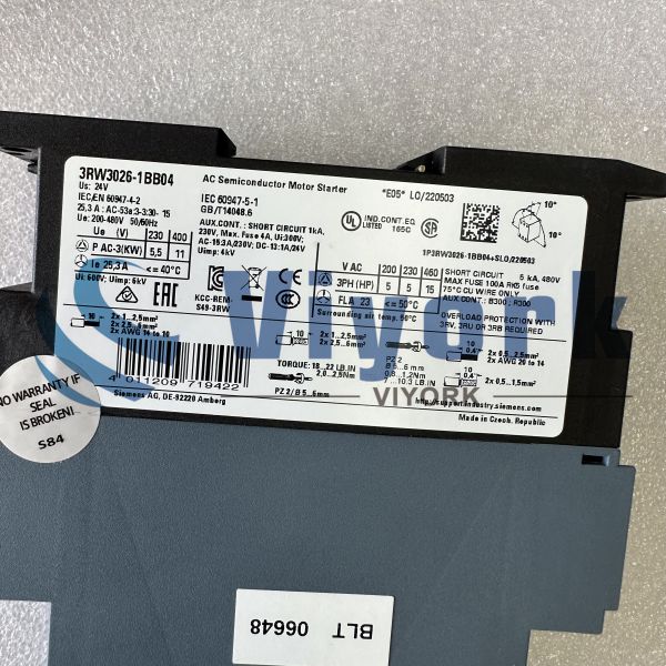 Siemens 3RW3026-1BB04 SOFT STARTER SIRIUS S0 25 AMP 11 KW/400 V 40 DEGREE C NEW