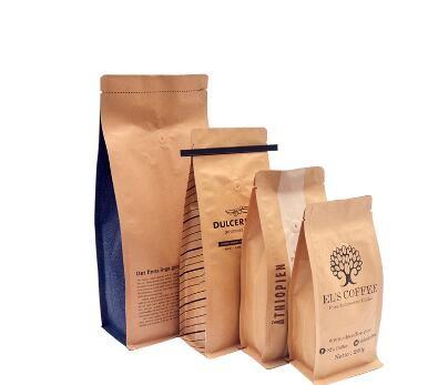 Grocery Stand Up Customized Design Food Packaging Rectangular Flat Bottom Side Gusset Kraft Paper Bag With Zipper