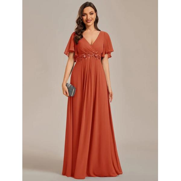 Sexy Empire Applique A-line Short Flutter Sleeves V-neck Invisible Zipper Burnt