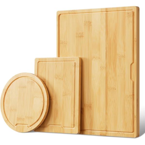 Set of 3 Wooden Chopping Boards with Juice Grooves Side Handles Different Shapes
