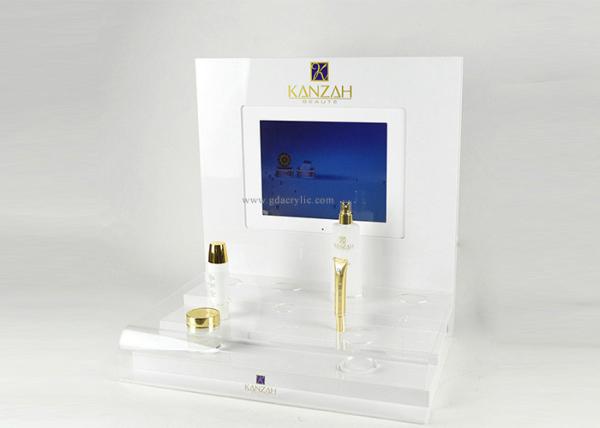 Customized White With LCD Screen Acrylic Cosmetic Makeup Advertising Display Stand