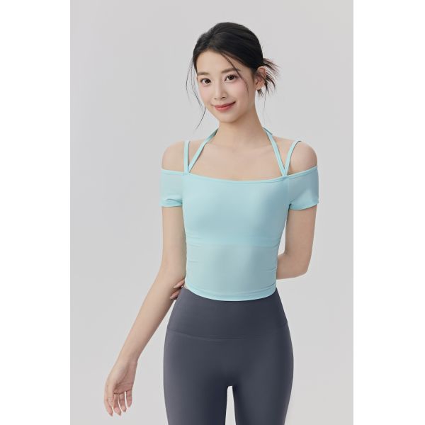 Off Shoulder Short Sleeve Yoga Top with Double Strap Design, Soft Breathable Fabric in Light Pink for Workout and Fitness