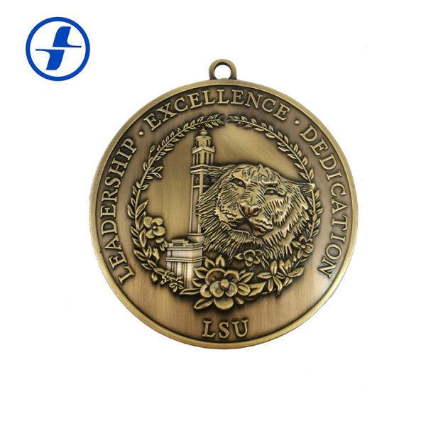 Antique Gold Brass Custom Sports Medals And Ribbons , 3D Metal Plating Custom Race Medals