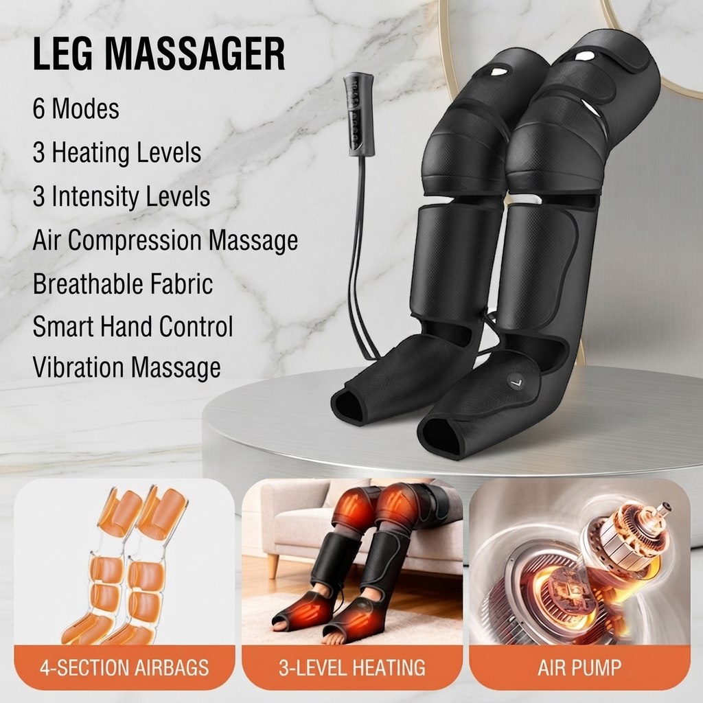 ZN-SY52 Air Compression Leg Massager with Heat and Vibration for Deep Tissue Muscle Recovery-3-Section Airbags, LCD Display Model - Foot & Knee Heating + Calf Vibration