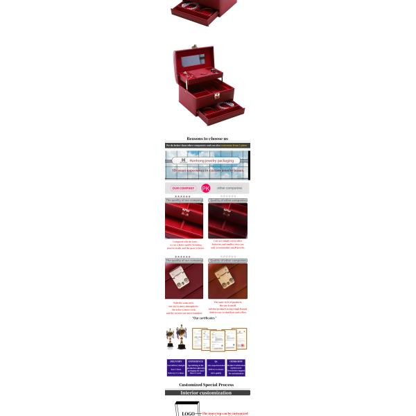Organiseur de bijoux en cuir en PU de grande capacité portable rouge avec miroir pour les voyages
