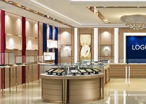 Simple Beige Lacquer Jewelry Display Cases With SS + Wood + Glass + Lights