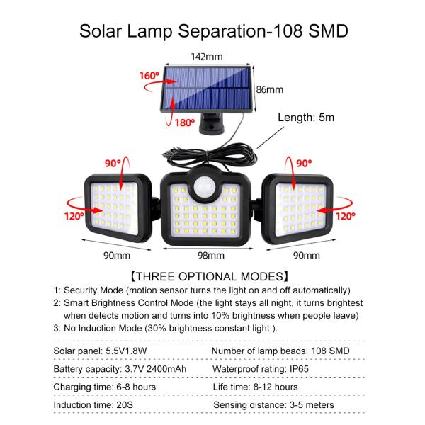 6500K 1.8W Outdoor LED Solar Lamp 270 Wide Angle 3.7V 2400mah