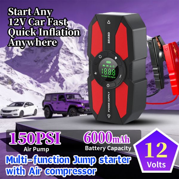 12V Car Jump Starter with 150 PSI Air Compressor and LED Emergency Light - Portable Battery Booster with 6000mAh to 24000mAh Capacity