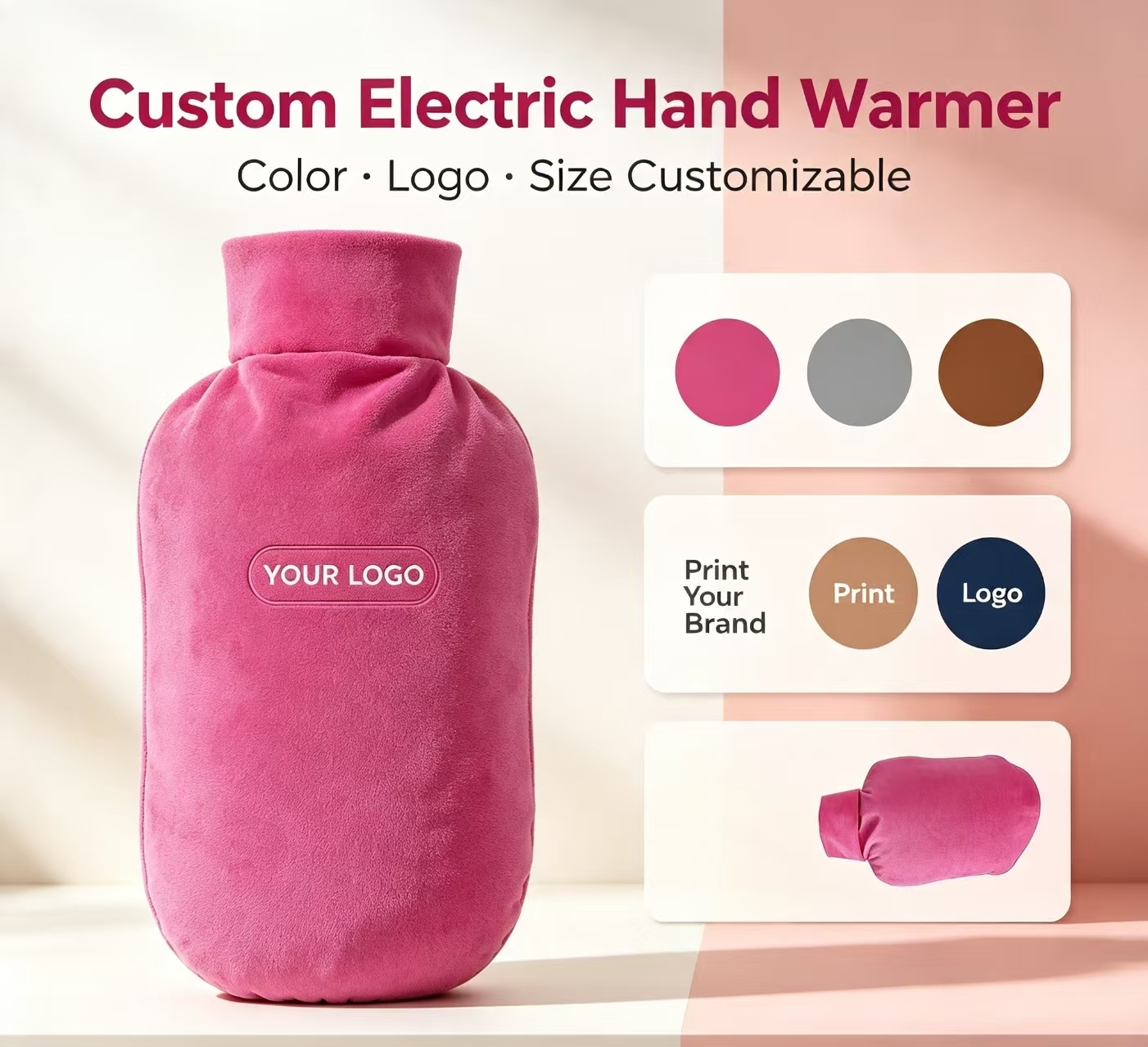 Bucket Shaped Rechargeable Hand Warmer, Crystal Ultra Soft Fabric, Adjustable Temperature, DC Charging Portable Electric Heated Hand Pouch, Custom Color OEM ODM