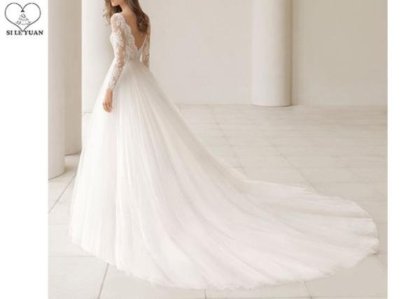 Simple Elegant Deep V Neck Wedding Gown Long Sleeve Backless Tulle Big Tail