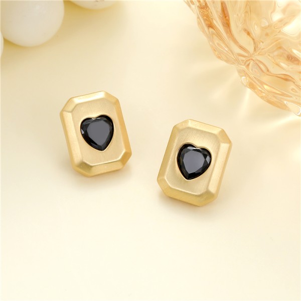 Wholesale Korean Style Trendy Brushed Effect Brass Square Heart CZ Stud Earrings High Quality Gold Silver Plating for Women