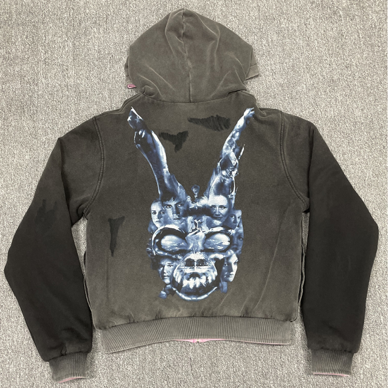 OEM Custom Vintage Double Sided Hoodie Acid Wash Screen Print Distressed Boxy Reversible Heavyweight 480Gsm Zipper Men's Hoodies