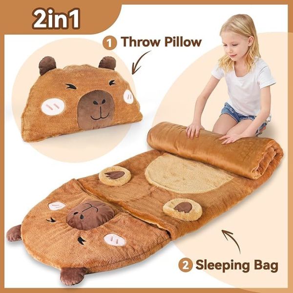 Kid Plush Capybara Slumber Bag, Toddler Girl Boy Nap Mat, 2 In 1 Brown Animal Pillow