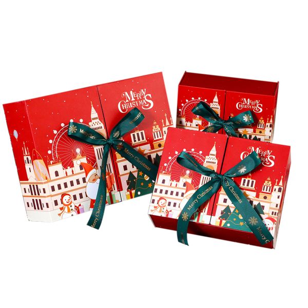 Merry Christmas Double Door Gift Box Red Festive Bow Design Sturdy Cardboard Construction Christmas Eve Surprise Gift Packaging
