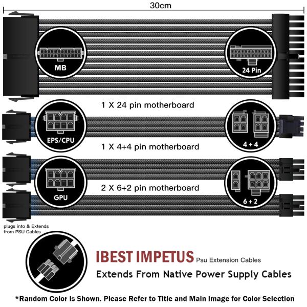 Hot Selling Arc Cable Cotton Sleeved Computer PC ATX Used Male to Female Stripped Curved Extension Cord 18AWG 300mm