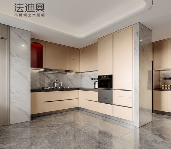 Armoire de cuisine Fadior en acier inoxydable - Ton beige, agencement en îlot, quincaillerie de qualité supérieure et rangement personnalisé