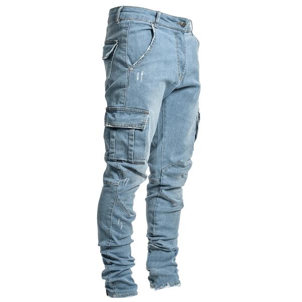 Men's Cargo Skinny Jeans with Side Pockets Quick Dry Denim Pants