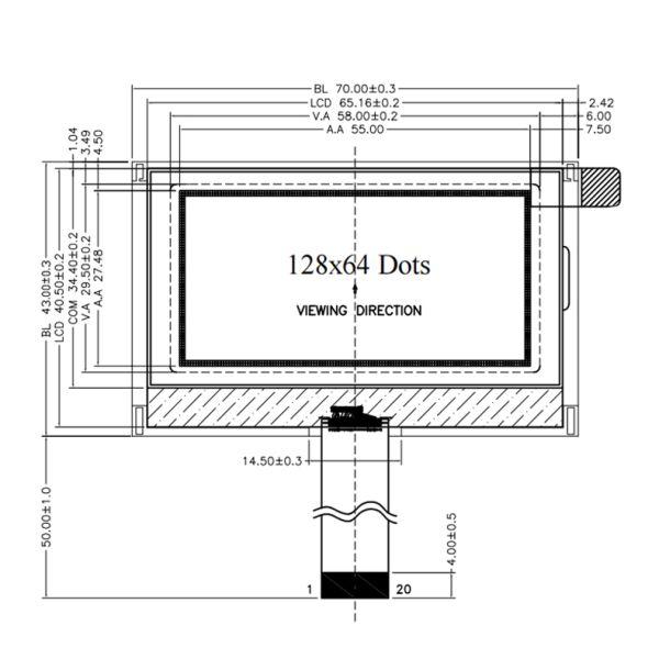 2.5 Inch 128x64 Dot Matrix LCD Display with STN Blue Background White Character Graphic LCD Module