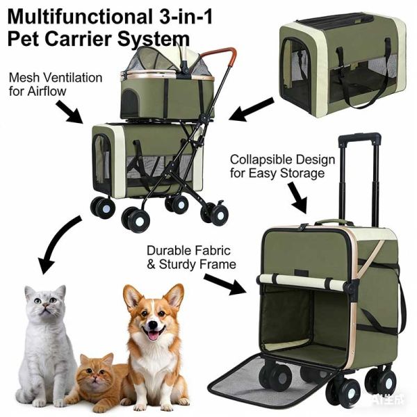 Foldable Pet Stroller Detachable Carrier Shockproof Waterproof 4 Wheel Travel Cart for Dog Cat B2B