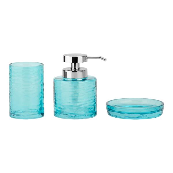 Accesorios de baño de vidrio azul conjunto de forma redonda dispensador de loción de vidrio botella de jabón para el baño