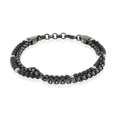 7.5 Inch Stainless Steel Bangle Classic Men's Black Leather Bracelet