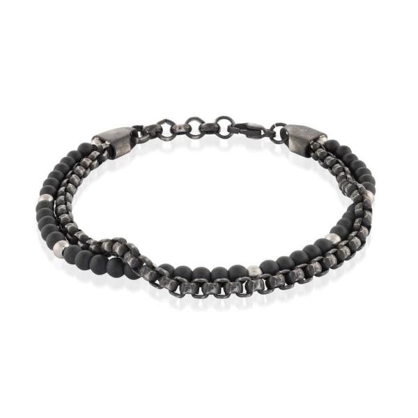 7.5 Inch Stainless Steel Bangle Classic Men's Black Leather Bracelet