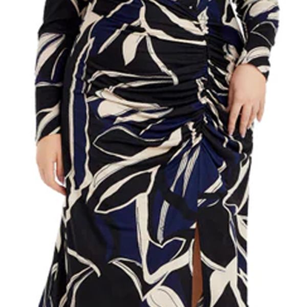 Elegant Ruched Midi Dress with Abstract Leaf Print & Side Slit