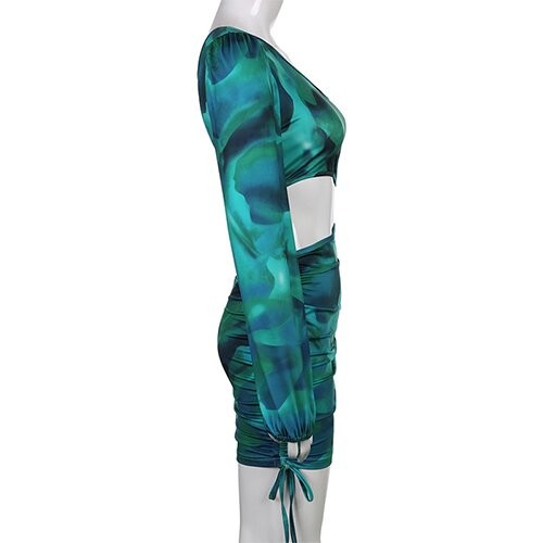 OEM maufactory Tie Dye Oblique Shoulder Polyester Commute Hip Rope Skirt Stitching Long Sleeved