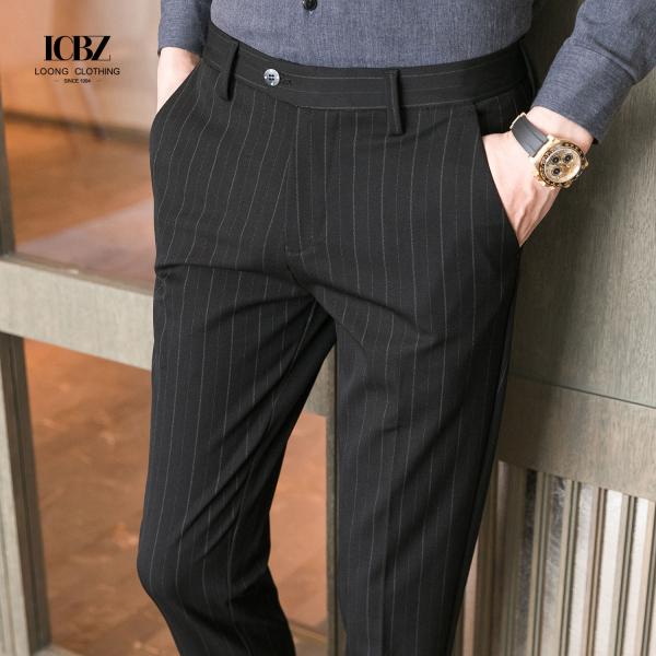 Autumn Formal Pants for Men Thick Stripes and Mid Waist Design Plus Size Trousers