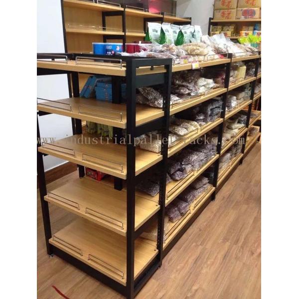 Supermarket Industrial Pallet Racks Metal / Wood Display Shelving Double Sided