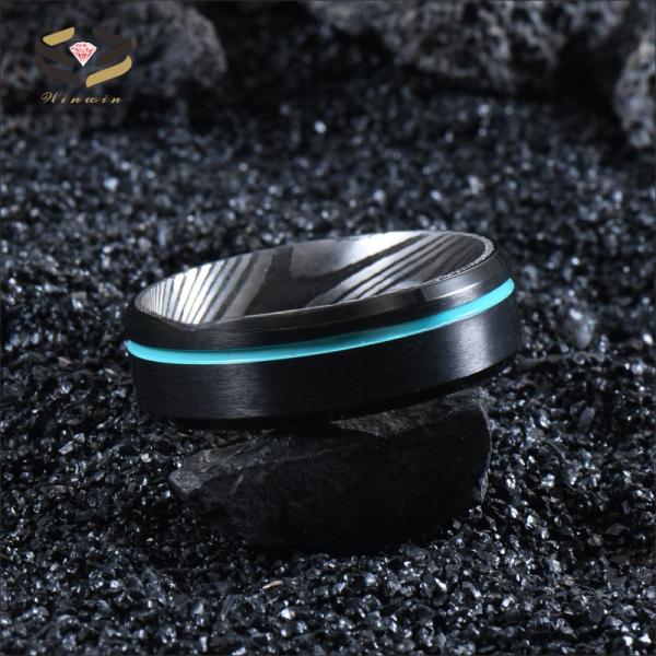 Anillo de Boda Negro de Tungsteno de Acero Damasco 8 mm con Línea Turquesa con Ranuras