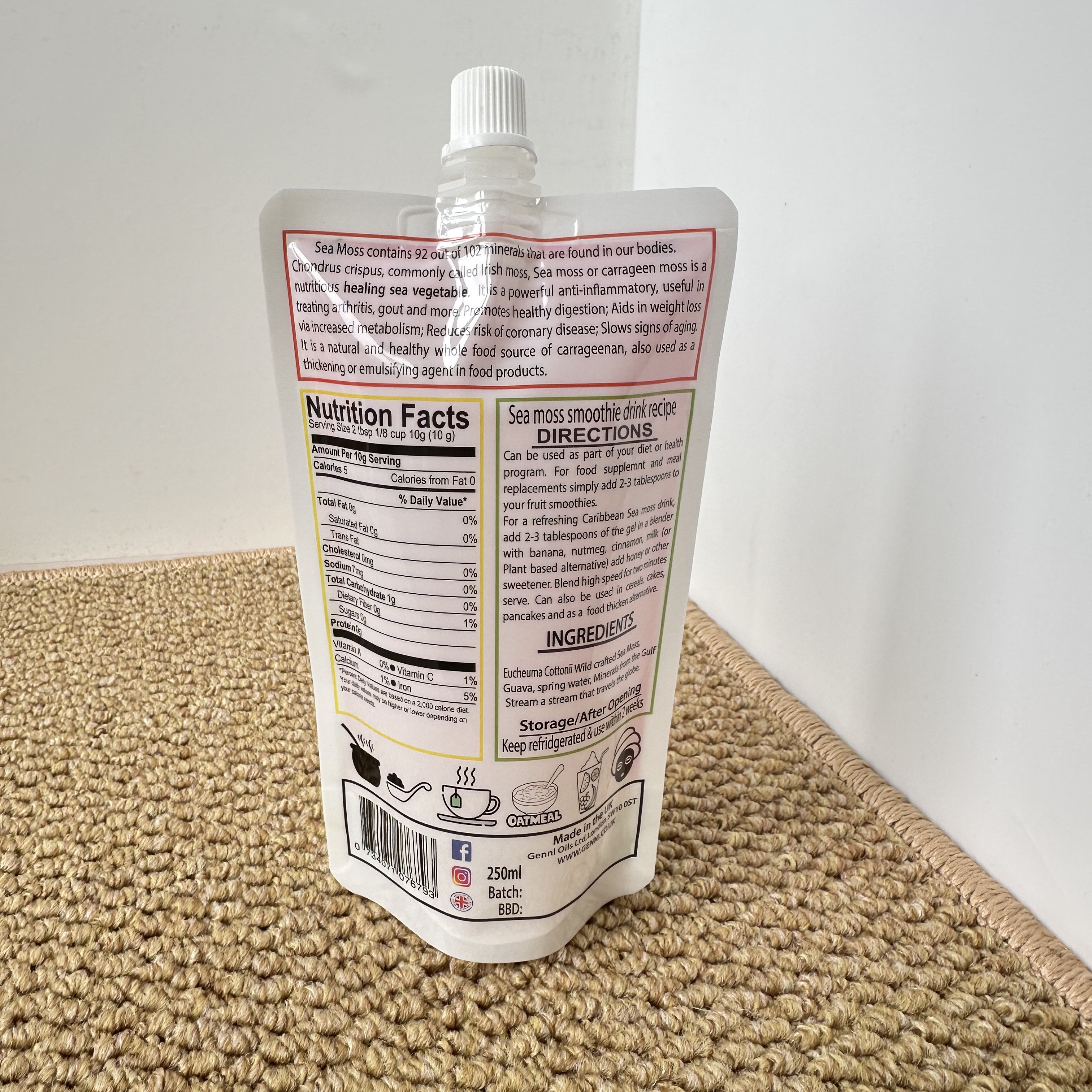 Custom Printed Stand Up Spout Pouch For Sea Moss Gel | Food Grade Leakproof Flexible Squeeze Pouch For Fruit Flavored Sea Moss Gel & Nutritional Gel Packaging