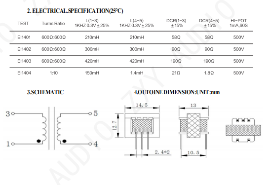 EI14 600:600 Ohm 1:1 Audio Isolation Transformer with 4-Pin Configuration for Microphone Circuits