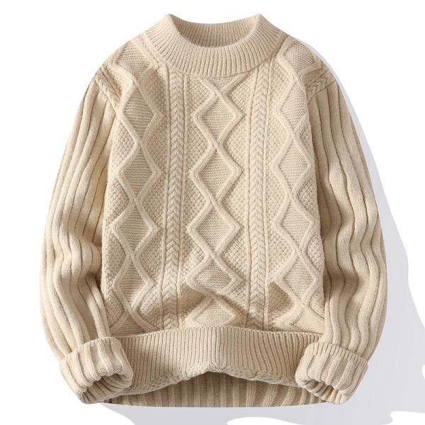 Men's Crew Neck Sweater Knitted with Thick Fabric and Patchwork Pattern in Winter