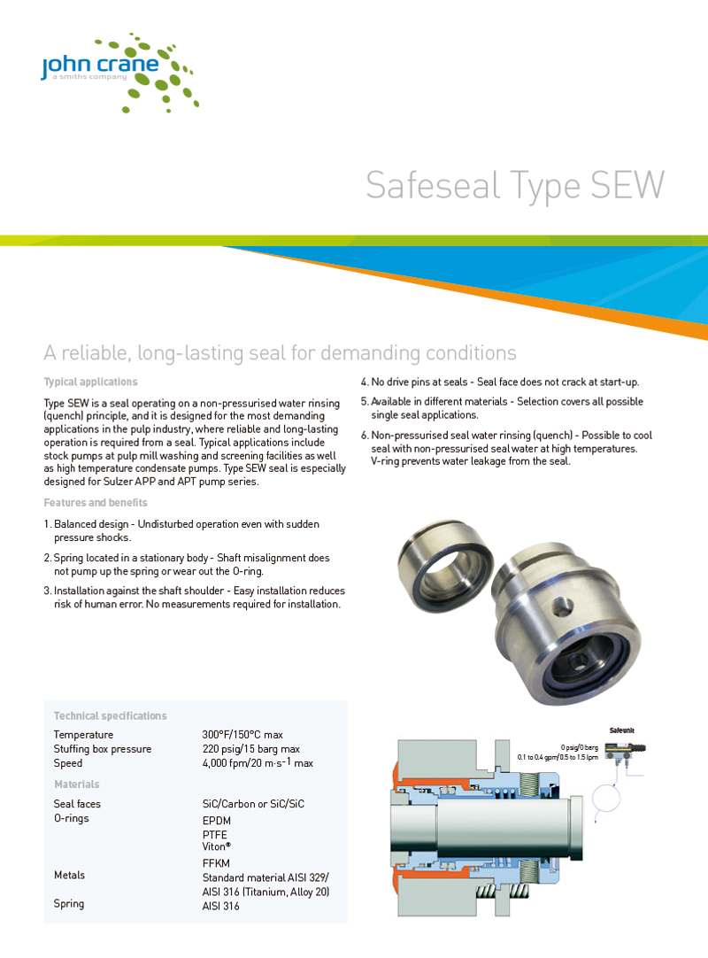 John Crane Safematic Type SEW Cartridge Mechanical Seal for Sulzer APP APT Pumps
