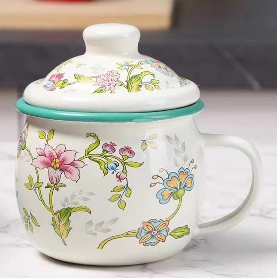 Custom Thickened Enamel Mugs Steel Cartoon Pattern Kids Water Milk Mugs With Lid