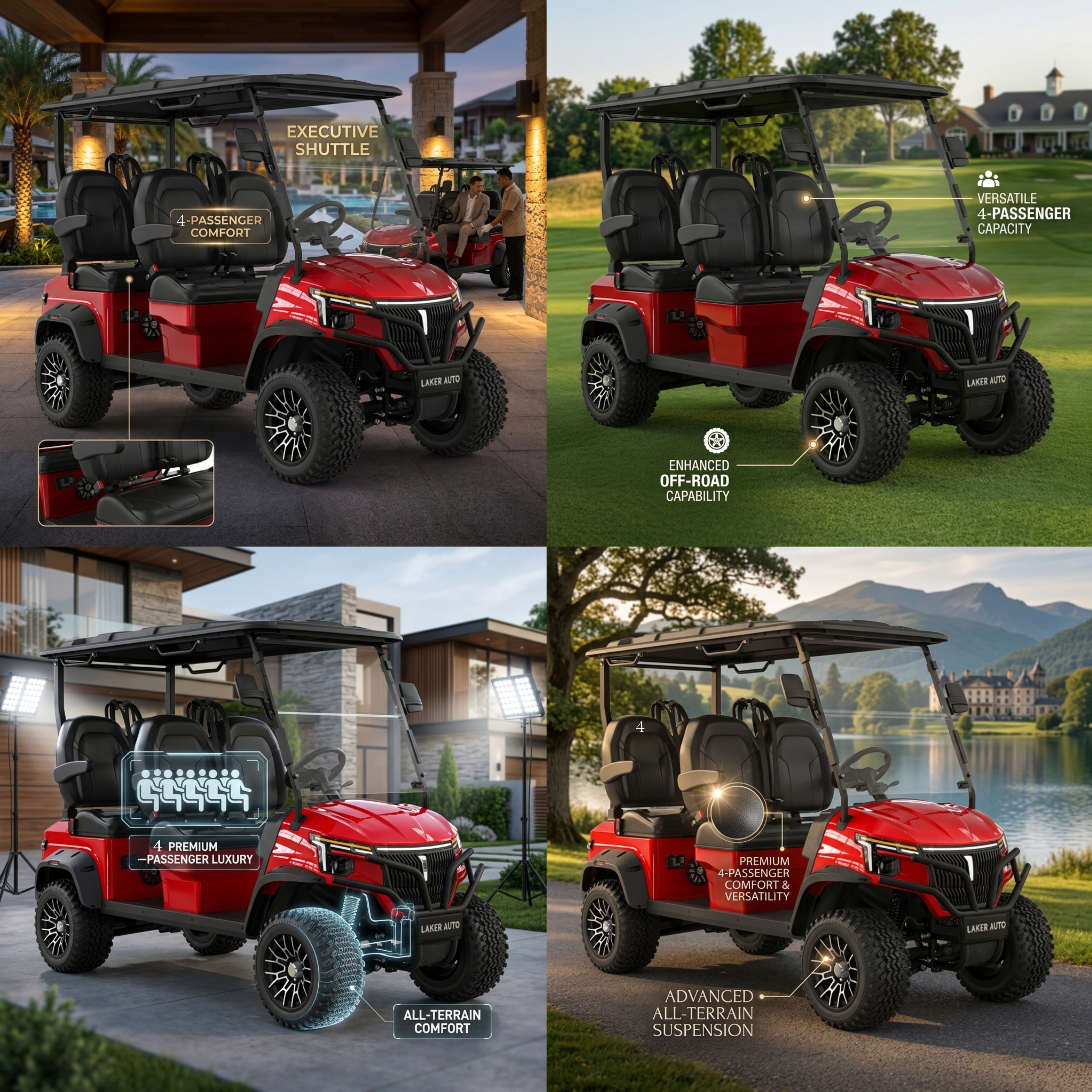 Luxury L4 Series 4 Seats Electric Golf Cart 72V 150Ah Lithium Battery 140km Long Range Double Wishbone Suspension