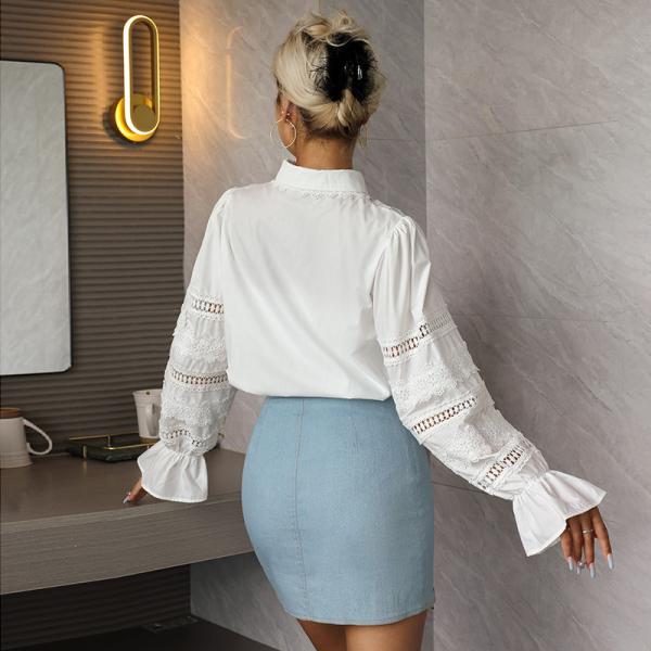 Longn Sleeved pescoço alto partes superiores altas brancas chiques alargadas do laço de Waisted da blusa com o colar do suporte para mulheres