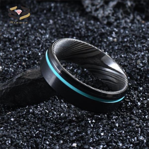 Anillo de Boda Negro de Tungsteno de Acero Damasco 8 mm con Línea Turquesa con Ranuras