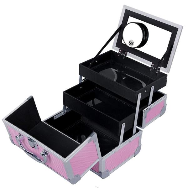 Portable Mini Makeup Vanity Case Organizer Box With Mirror 2 Trays Pink