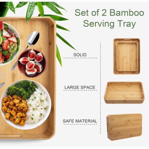 Wholesale Customized 2 Pack Large Handmade Bamboo Breakfast Dinner Catering Tray Wood Riser Tray With Handles
