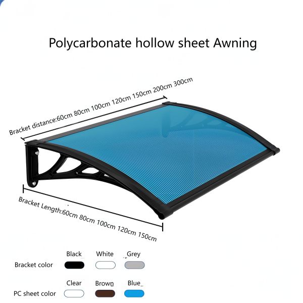 Polycarbonate Sail Material PC Canopy Featuring 600 800 1000 1200 1500mm Length Black Grey Bracket Providing Protection for Outdoor Business Environments